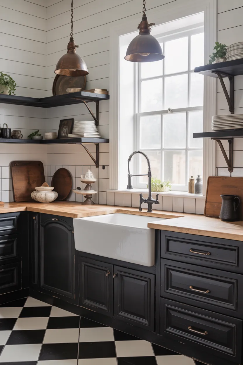 Black and White Farmhouse Sink Kitchen With Checkerboard Floor