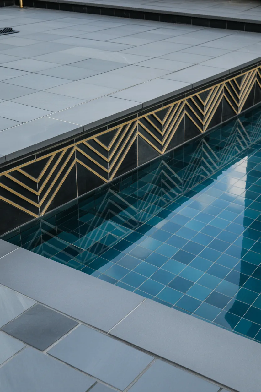  Bluestone Coping With Geometric Black and Gold Tile