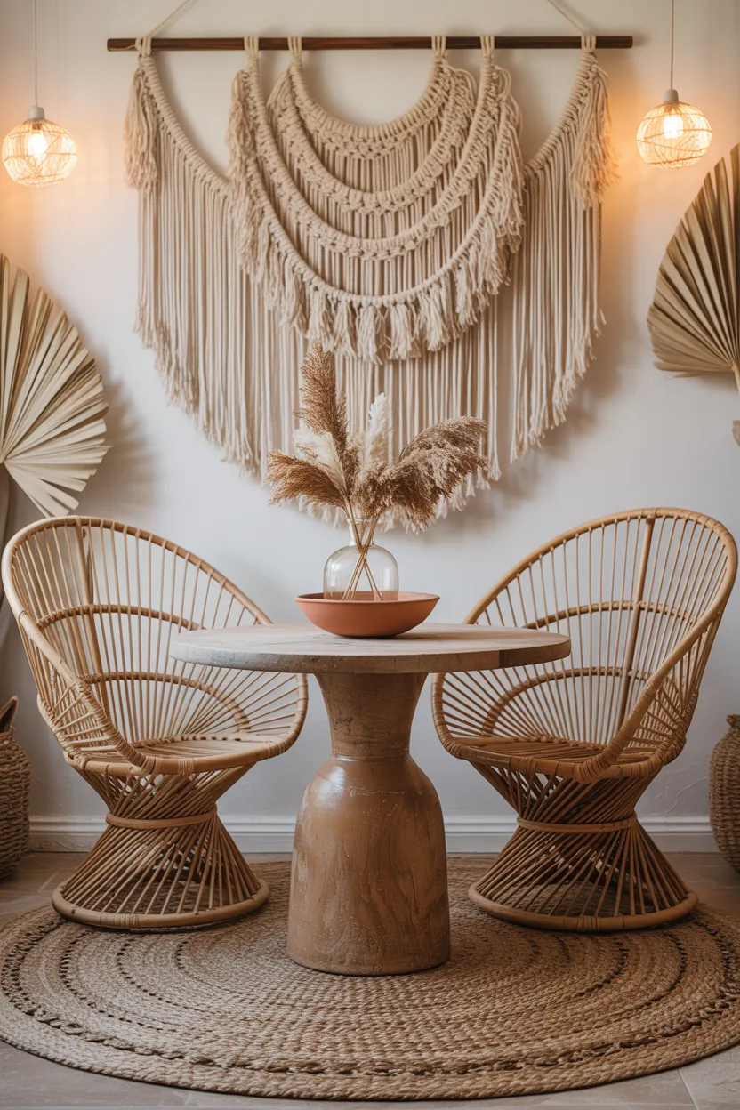 Boho Dining Nook With Rattan Chairs and Macramé Wall Hanging