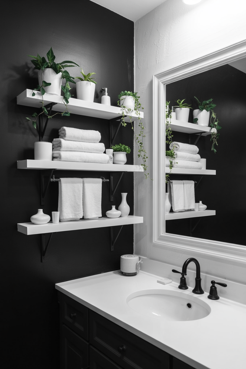Bold Black Vanity Wall With Open Shelving