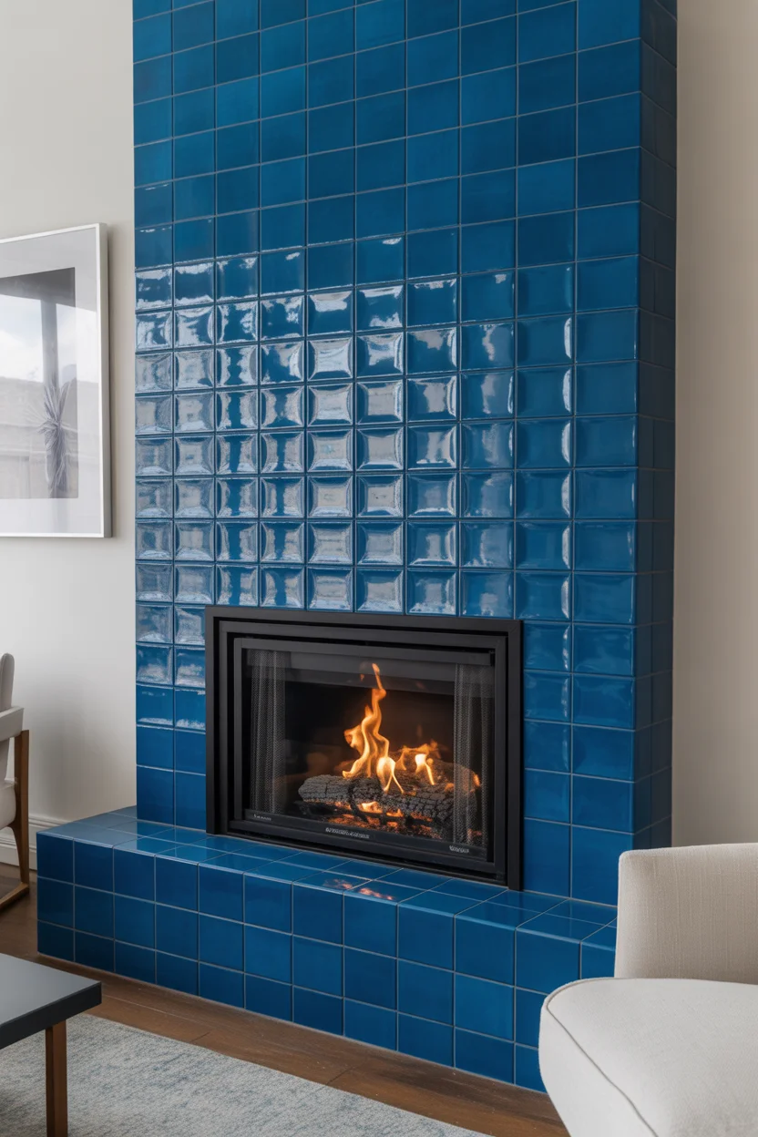Bold Cobalt Blue Tile Contemporary Fireplace