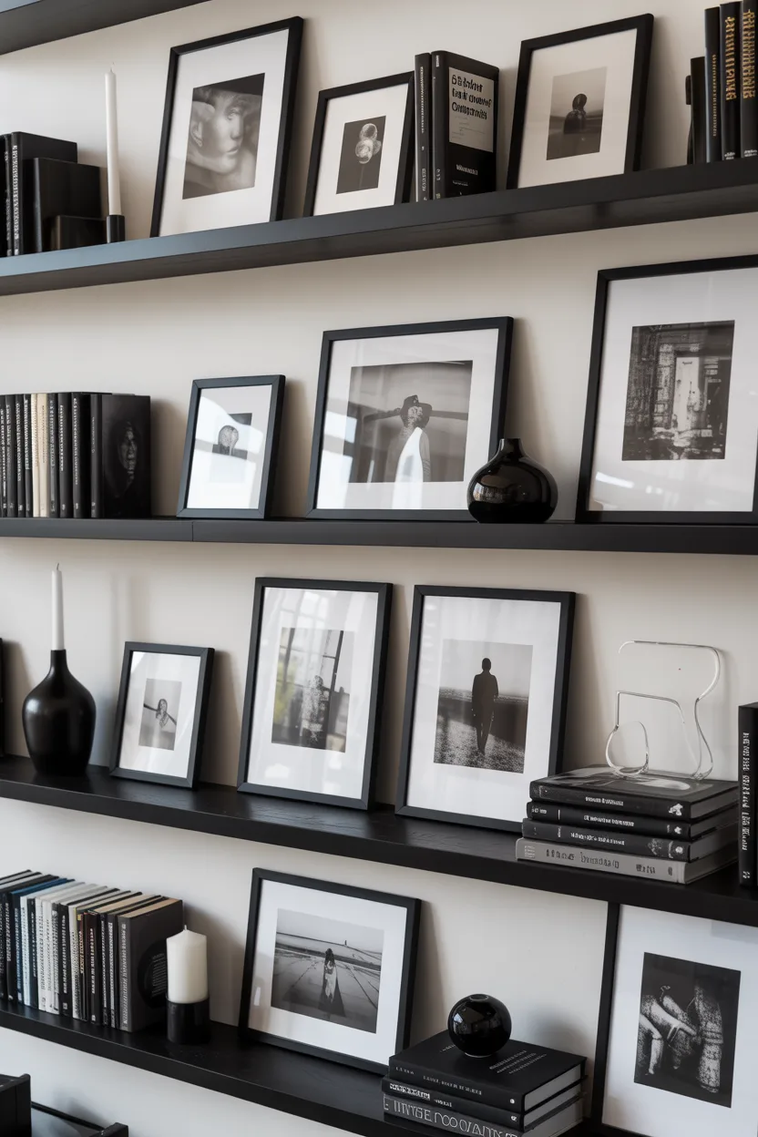 Bookshelf Styling With Black and White Photography Prints