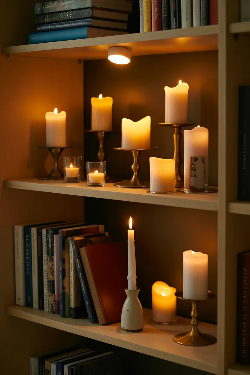 Bookshelf Styling With Candles and Warm Lighting