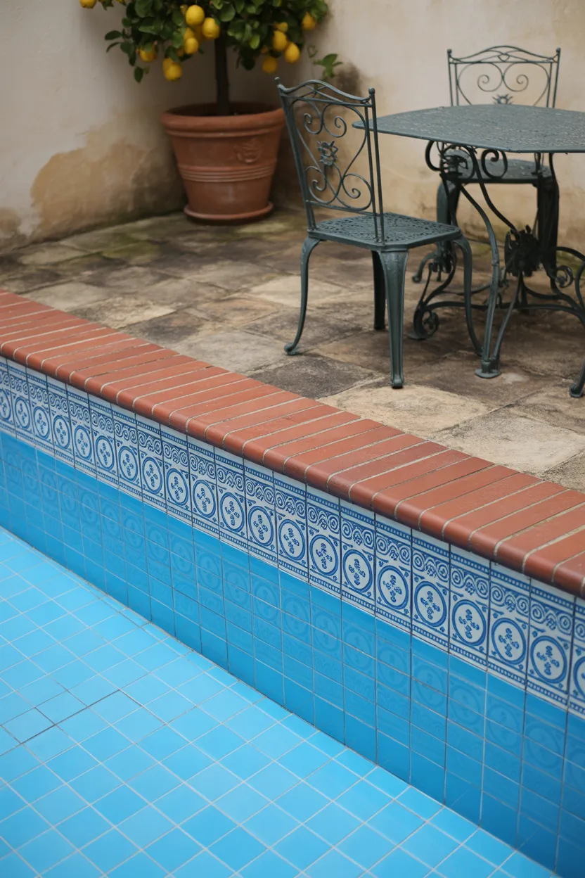 Brick Coping With Blue and White Portuguese Tile
