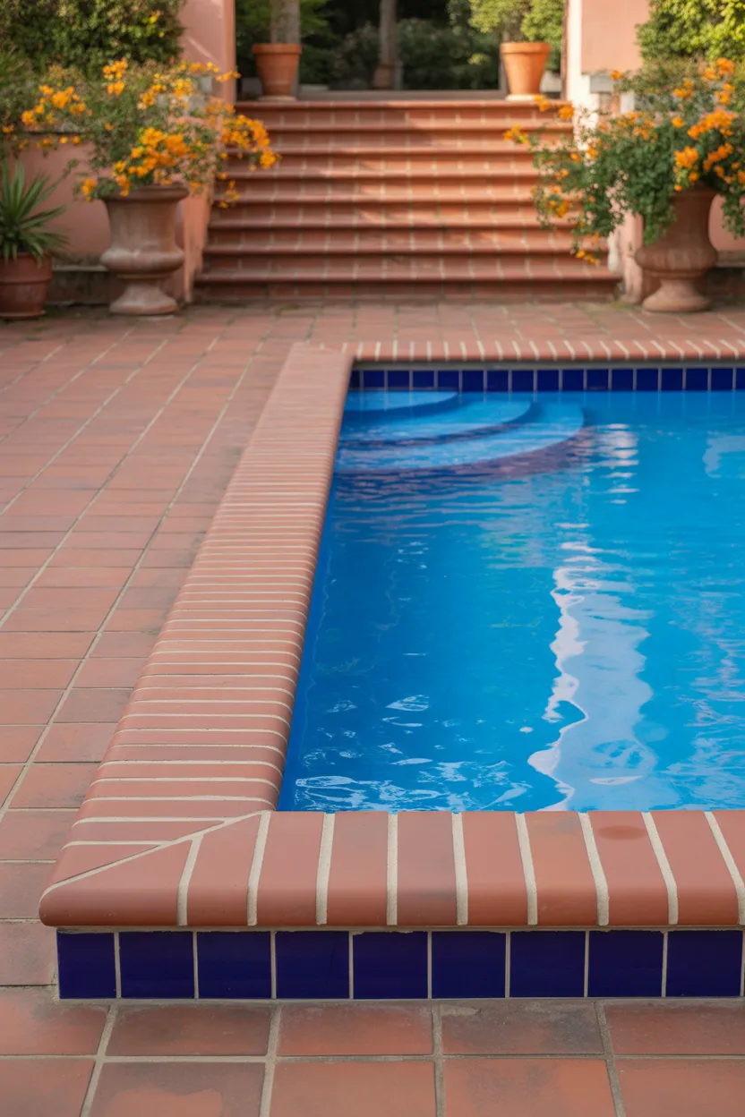 Bullnose Brick Coping With Cobalt Blue Waterline Tile