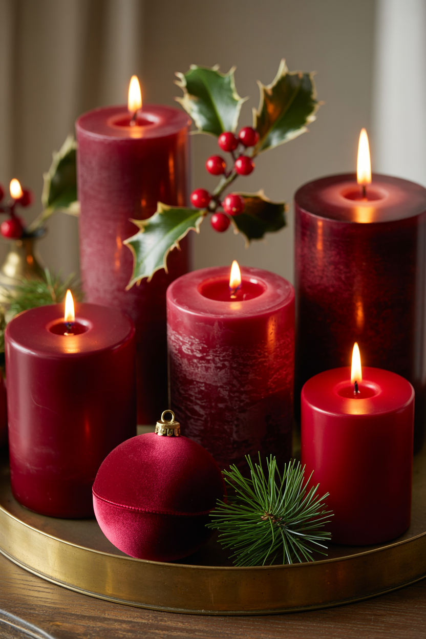 Burgundy Candle Display on Side Table