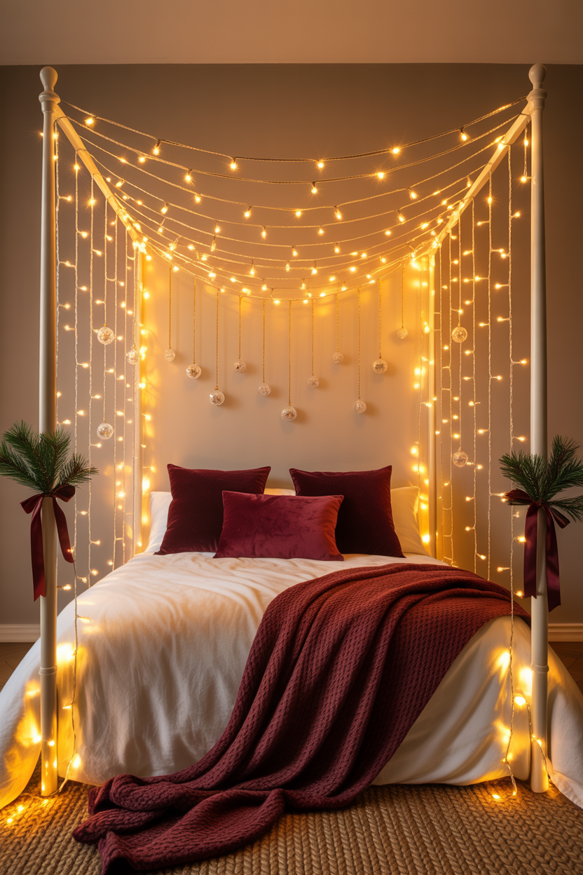  Burgundy Christmas Bedroom With Canopy Fairy Lights