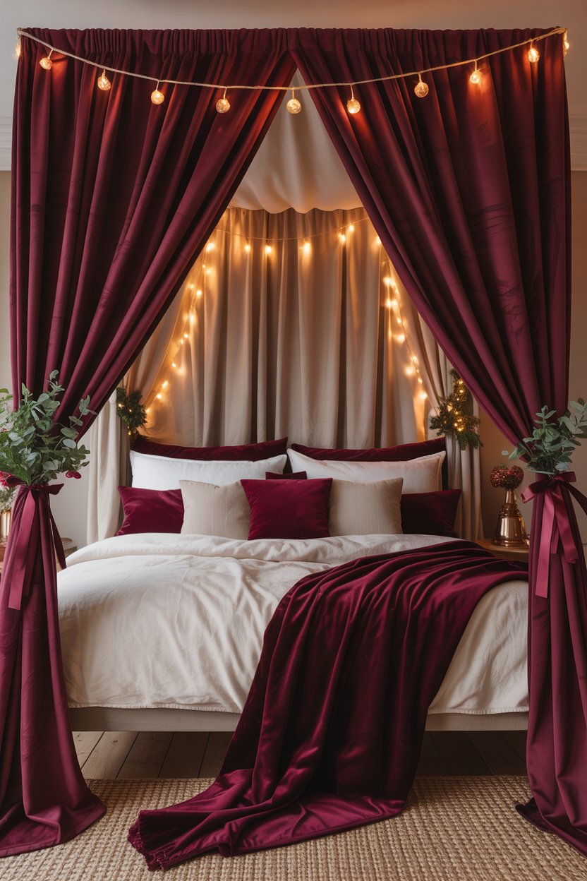 Burgundy Christmas Canopy Bed Styling