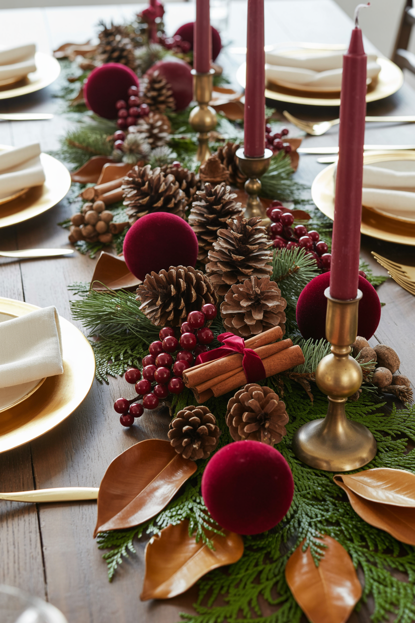Burgundy Christmas Centerpiece With Pinecones