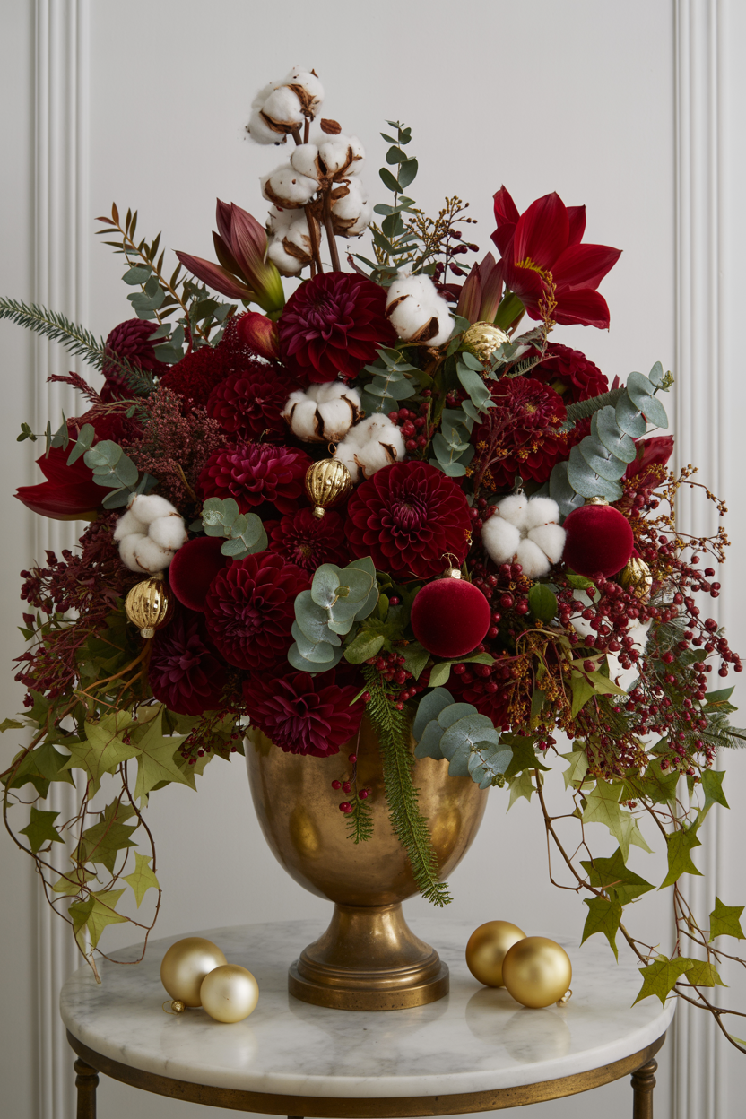 Burgundy Christmas Centerpiece in Brass Urn