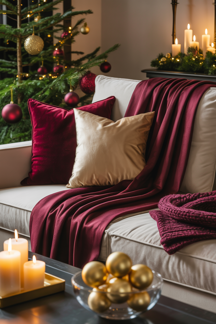 Burgundy Christmas Living Room Throw Styling