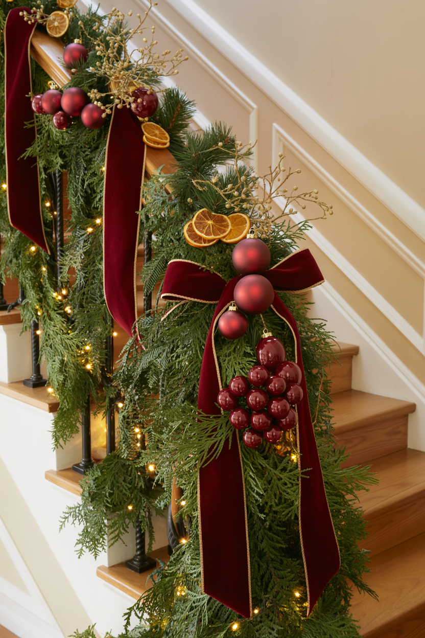 Burgundy Christmas Staircase With Gold Accents