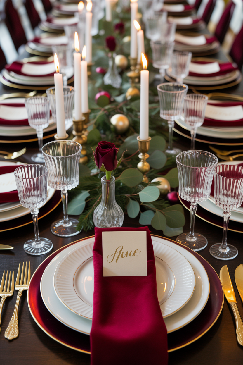 Burgundy Christmas Table Setting With Crystal