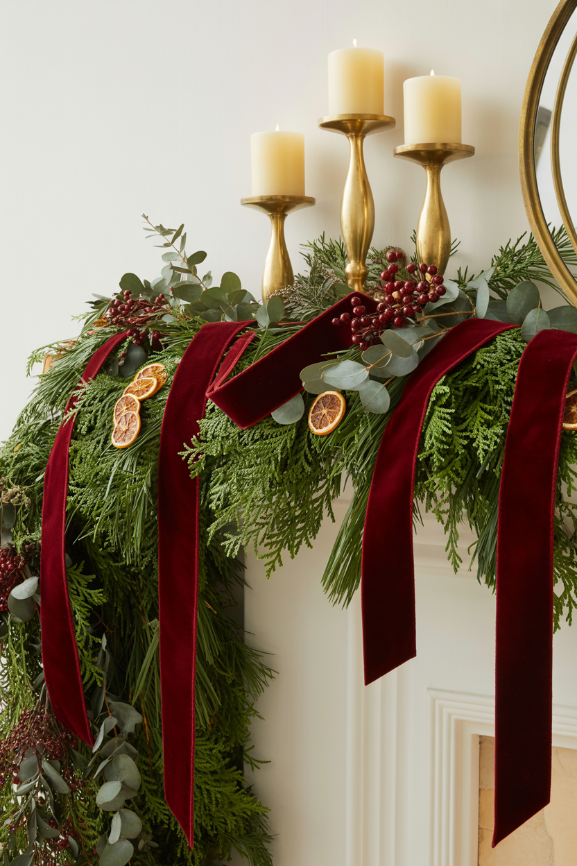 Burgundy Velvet Ribbon on Fresh Pine Garland