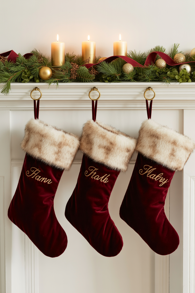  Burgundy Velvet Stockings on Brass Hooks