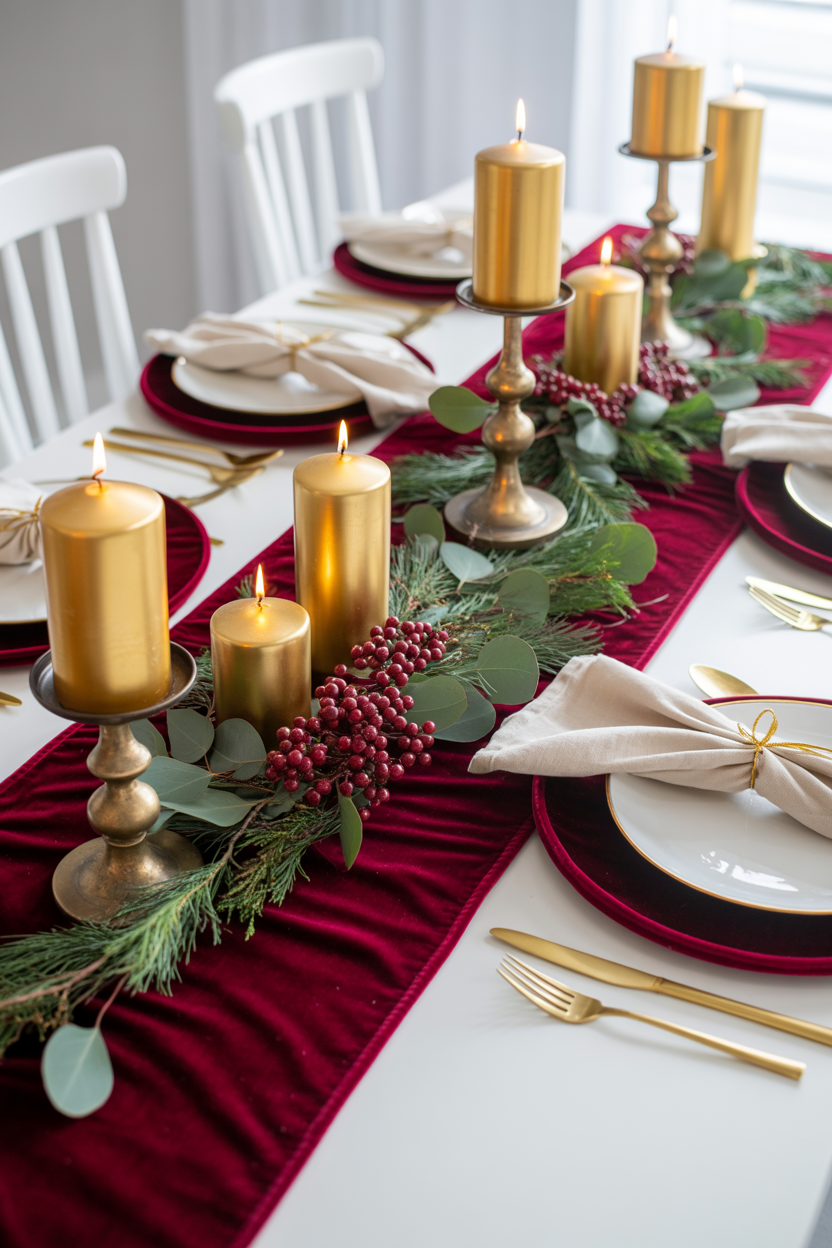 Burgundy Velvet Table Runner With Gold Accents