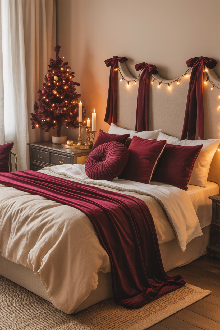 Burgundy and Cream Bedroom Christmas Styling