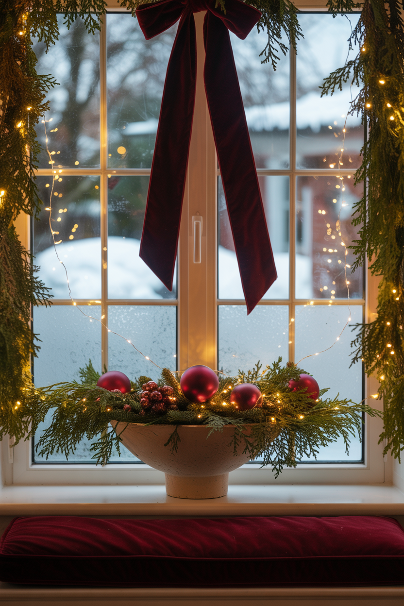 Burgundy and Evergreen Christmas Window Display