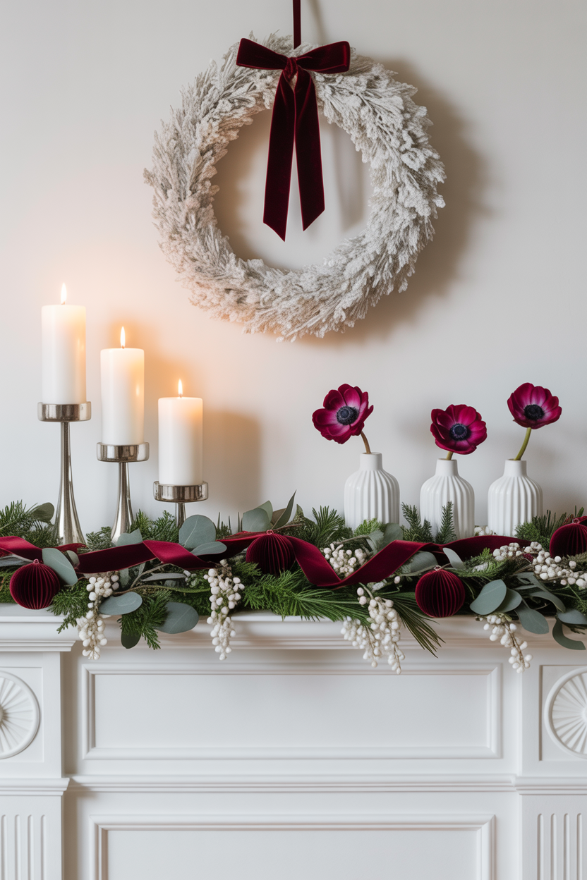  Burgundy and White Christmas Mantel