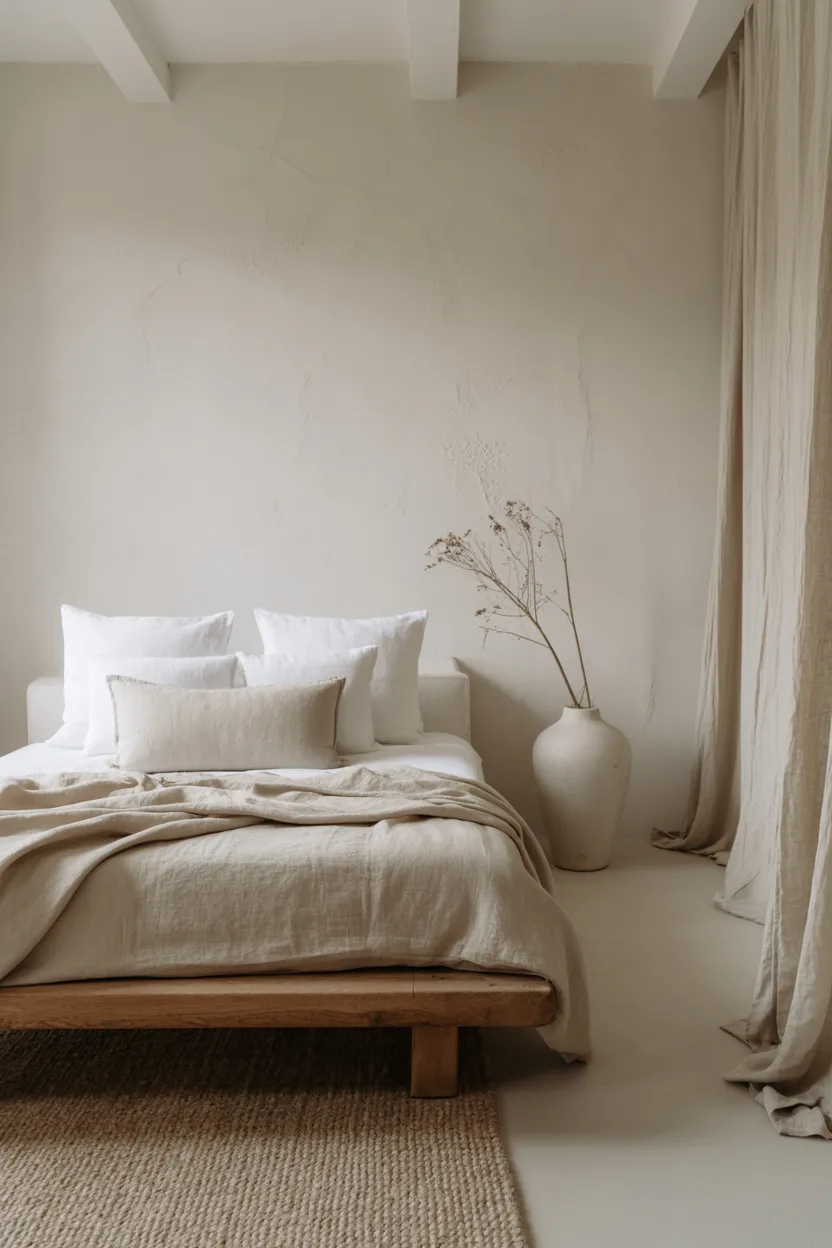 Neutral Farmhouse Bedroom With Textured Plaster Walls and Linen