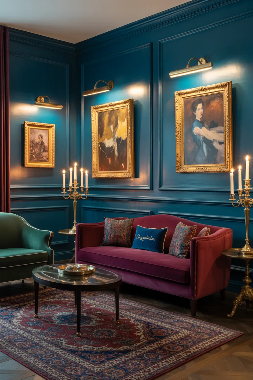 Rich Jewel-Tone Living Room With Gallery Lighting