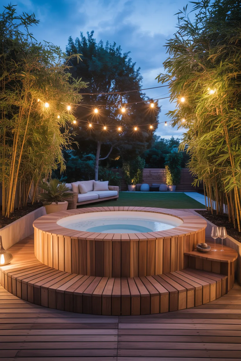 Cedar Wood Hot Tub Integrated Into a Timber Deck