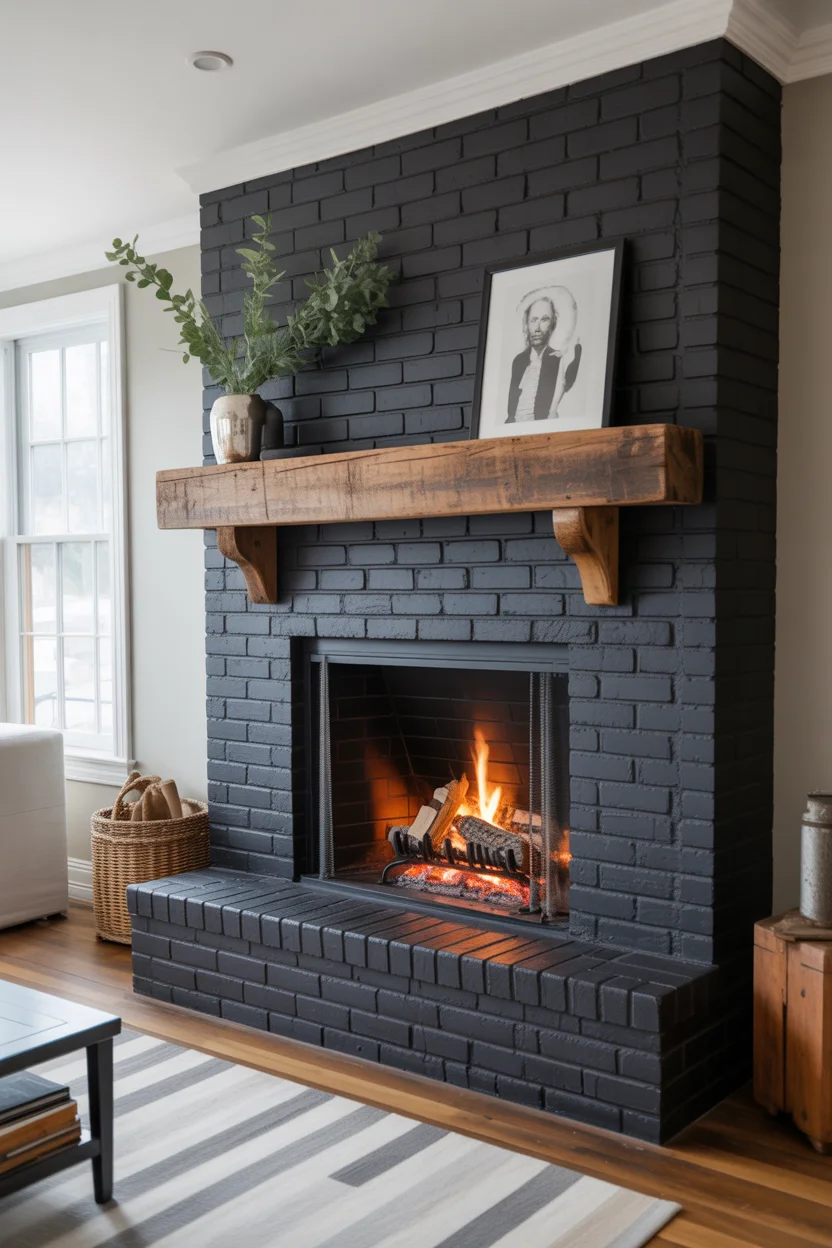 Charcoal Black Brick Fireplace with Rustic Wood Mantel