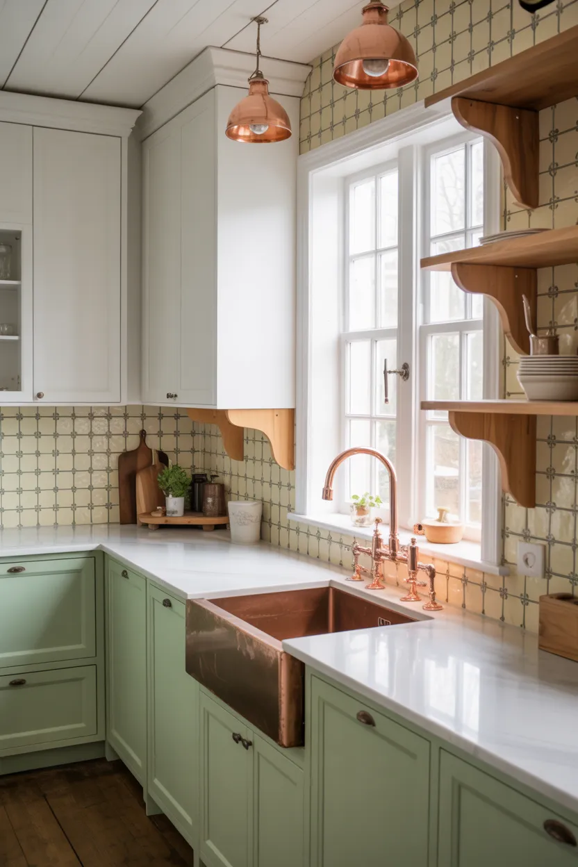 Sage Green Cabinets With White Marble Countertops and Copper Accents