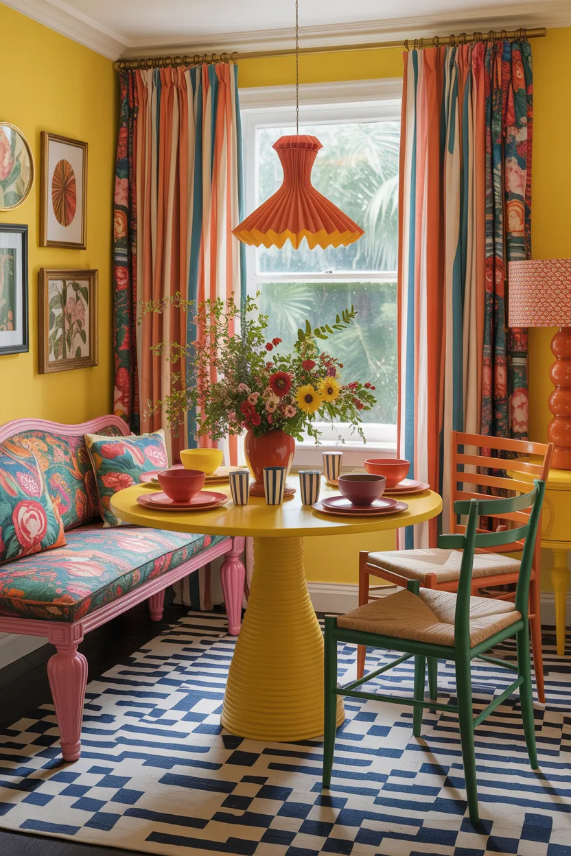 Colorful Maximalist Dining Nook With Mixed Patterns