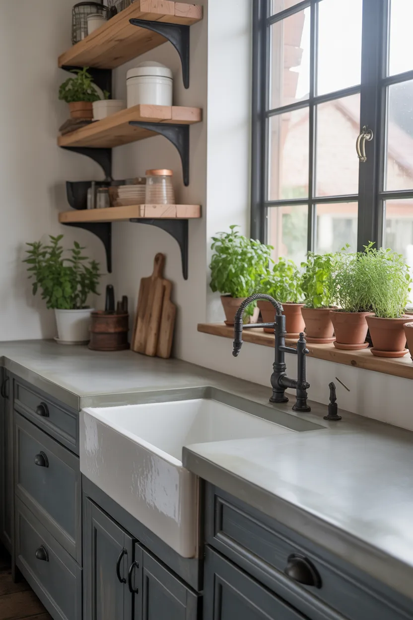 Concrete Countertops With Farmhouse Sink and Wood Accents