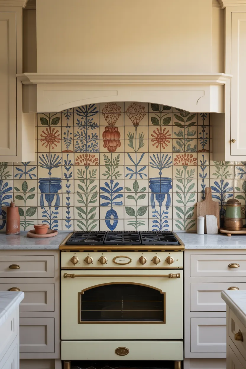 Cottage Kitchen With Hand-Painted Tile Backsplash