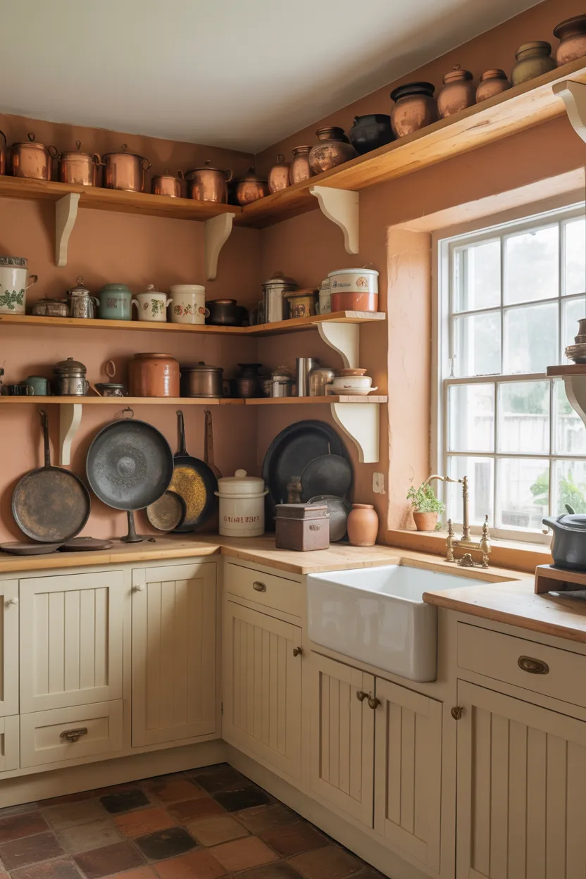 Cottage Kitchen With Inglenook Pot Shelf Display