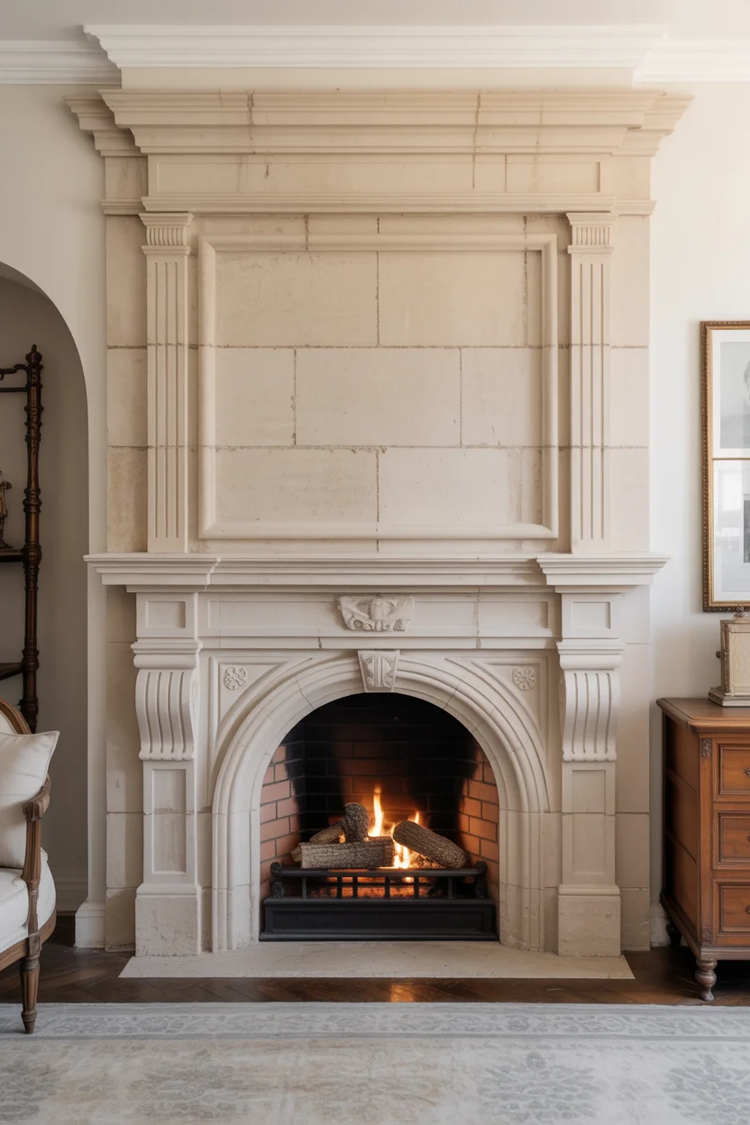 Cream Limestone Classic European Fireplace