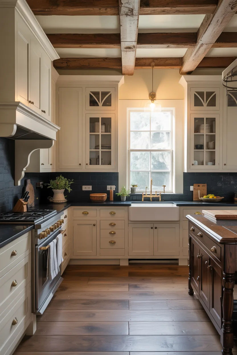 Cream Painted Cabinets With Dark Countertops