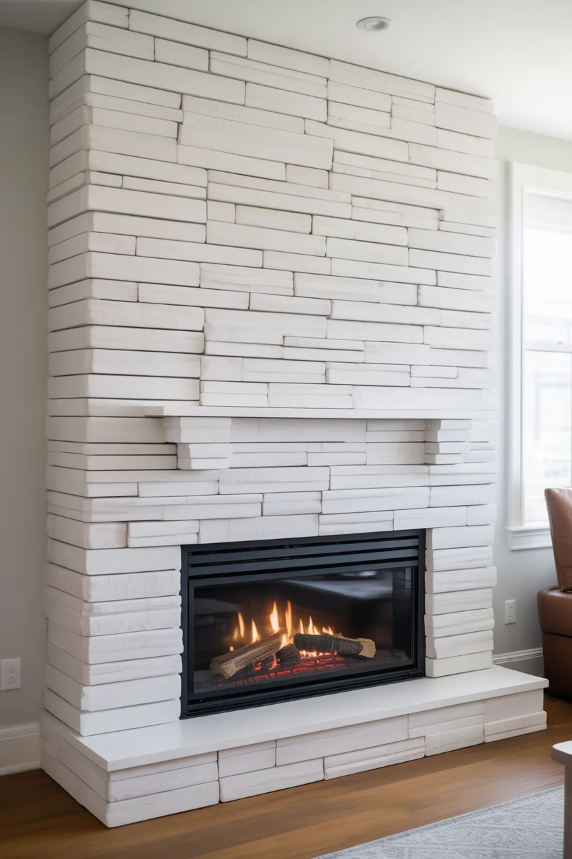 Crisp White Stacked Stone Fireplace