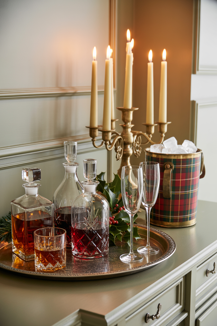 Crystal Decanters and Silver Trays Bar Display