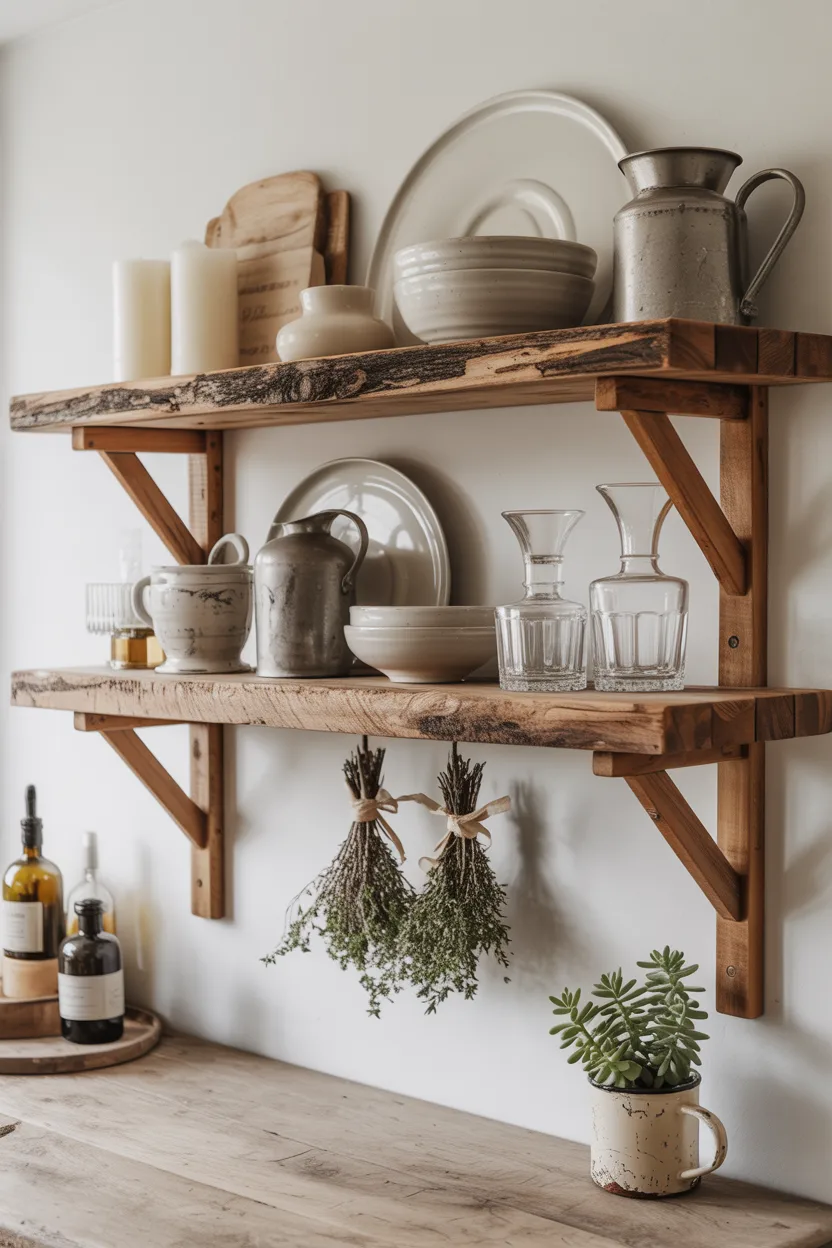 Farmhouse Cottage Kitchen Ideas Reclaimed Wood Floating Shelves With Collected Ceramics