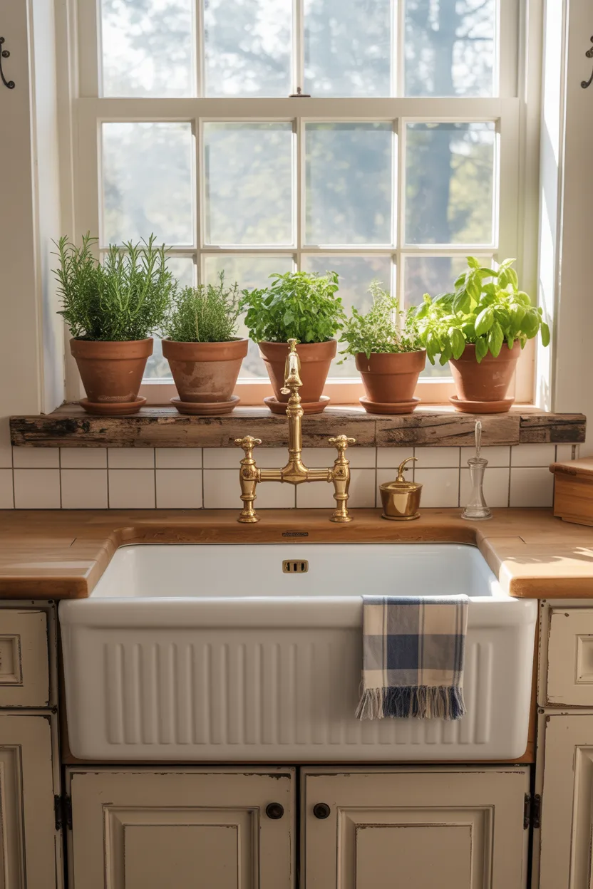 Farmhouse Cottage Kitchen Ideas Farmhouse Apron Sink With Vintage Brass Faucet and Window Garden