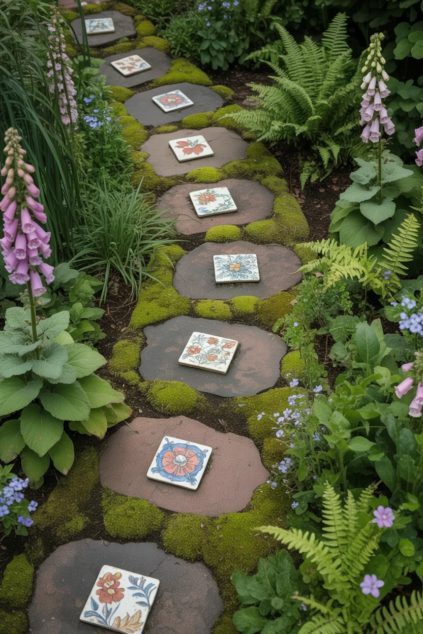 Mossy Stone Pathway with Vintage Stepping Stone