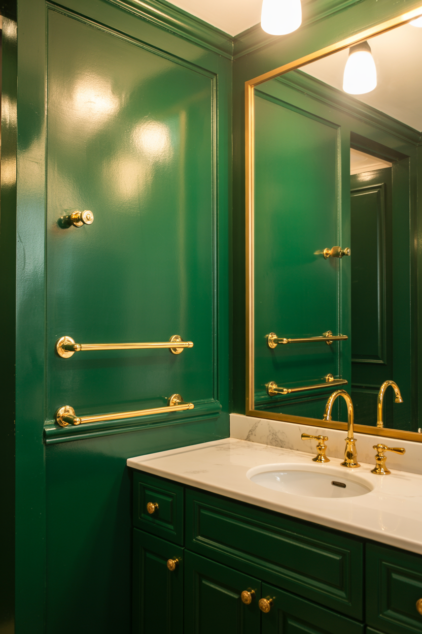Dark Green Bathroom With Gold Accents