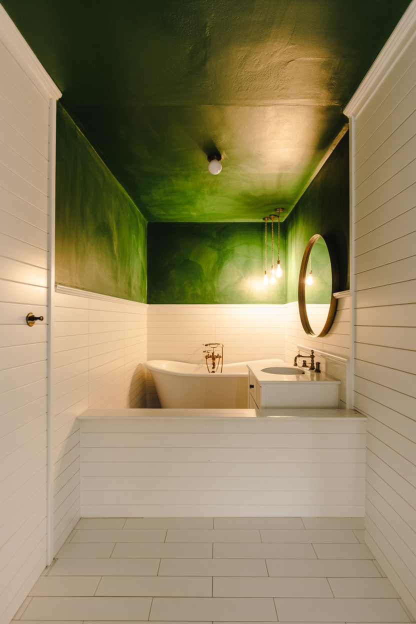 Dark Green Painted Ceiling in White Bathroom