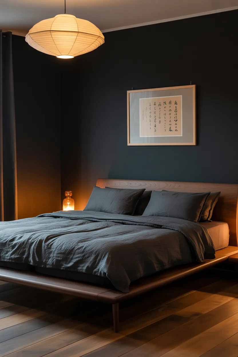  Dark Japandi Bedroom With Charcoal Walls and Warm Timber