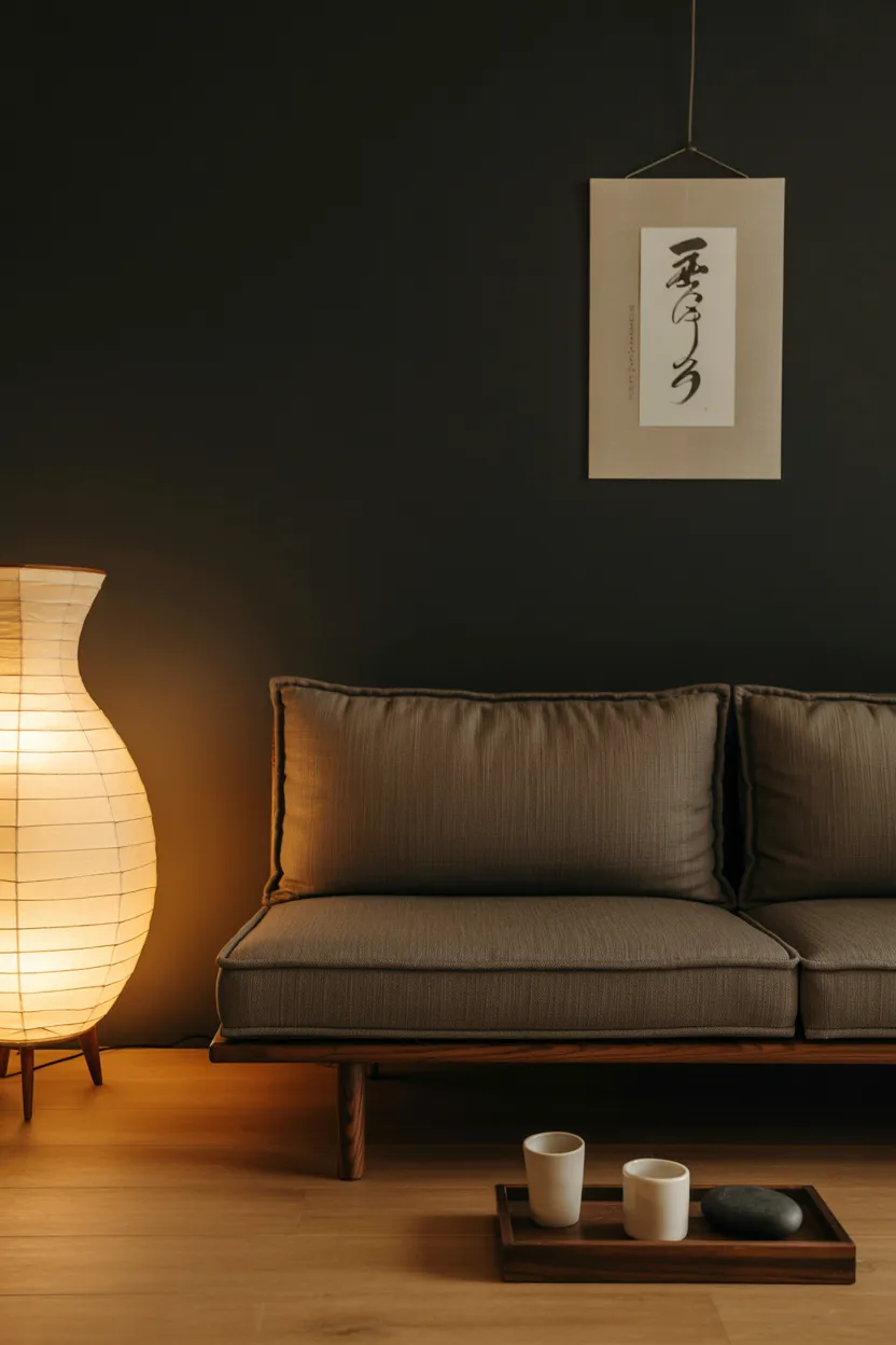 Dark Japandi With Charcoal Walls and Warm Wood