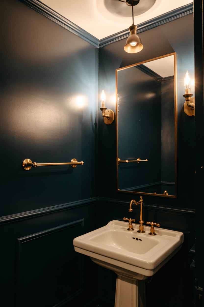 Dark Painted Walls With Warm Brass Fixtures