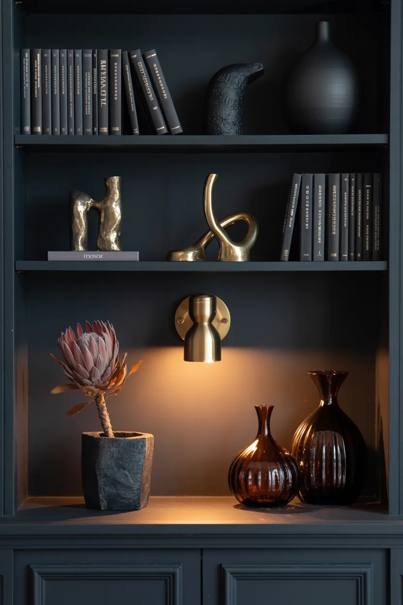 Dark Shelf Styling With Moody, Rich Objects Bookshelf Styling Ideas