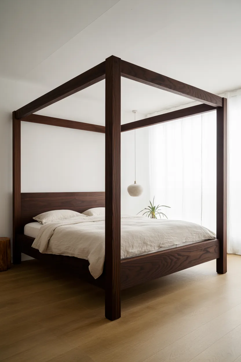  Dark Stained Timber Bed Frame With White Walls