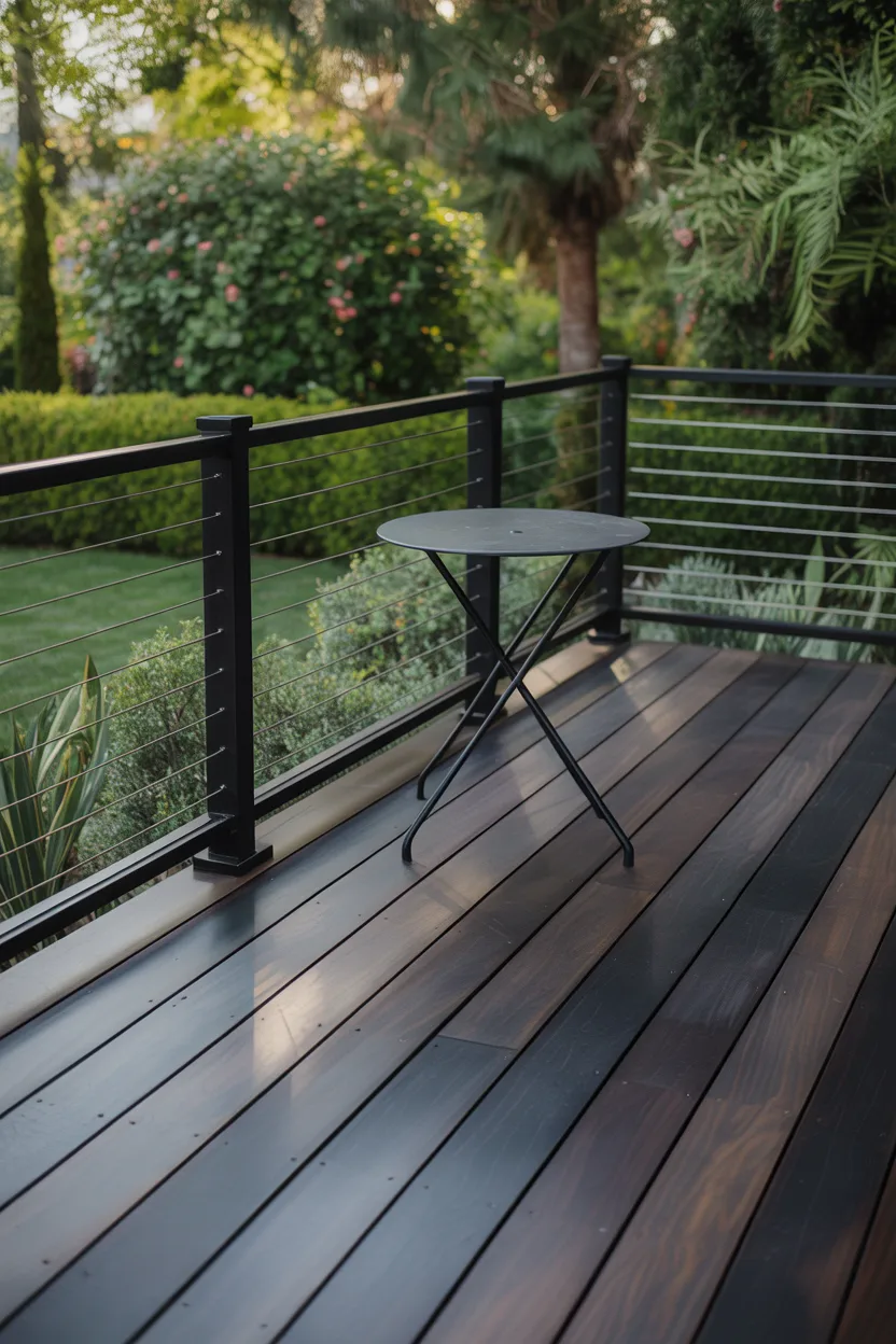 Dark Stained Wood Deck With Black Metal Railings