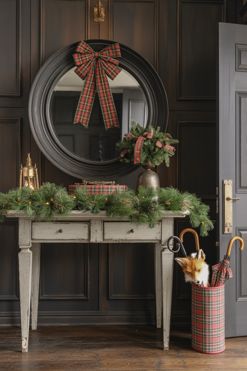  Dark Wood and Plaid Christmas Entryway