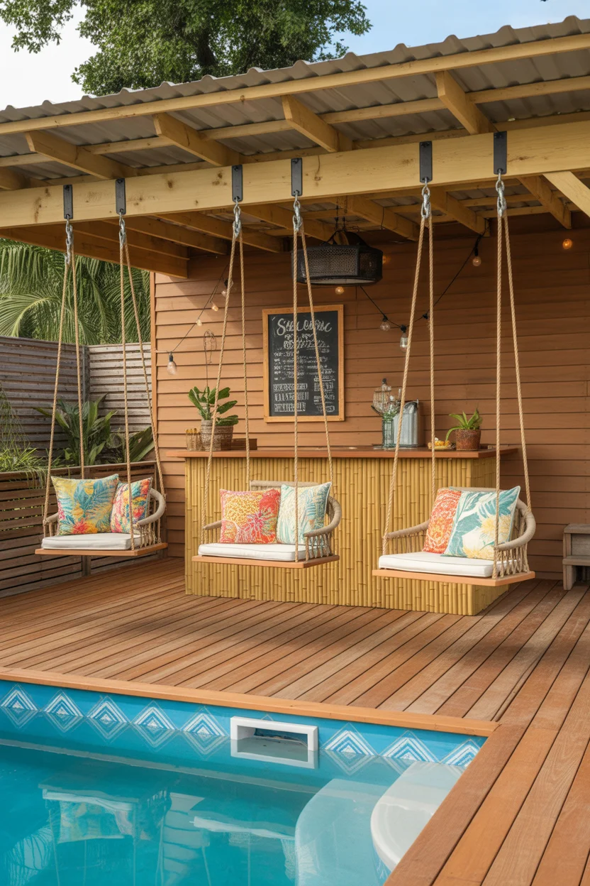 Deck With Poolside Bar and Swing Chairs