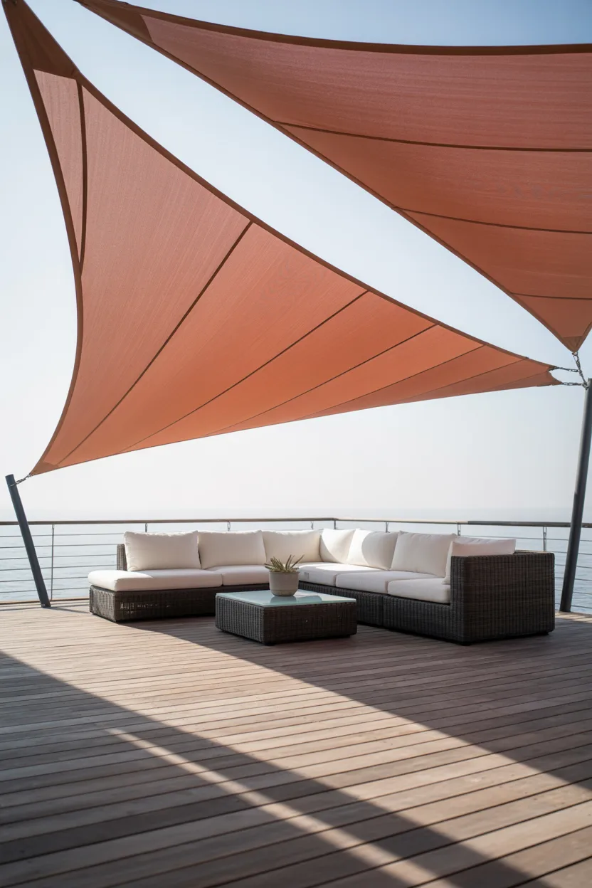 Deck With Shade Sail for Modern Overhead Coverage